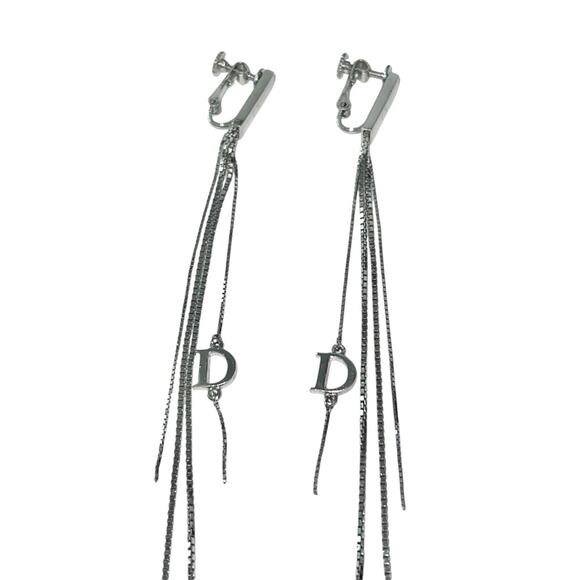AUTH VTG Christian Dior Silver Long Chain D Charm Logo Fringe Tassel Earrings - Picture 2 of 15